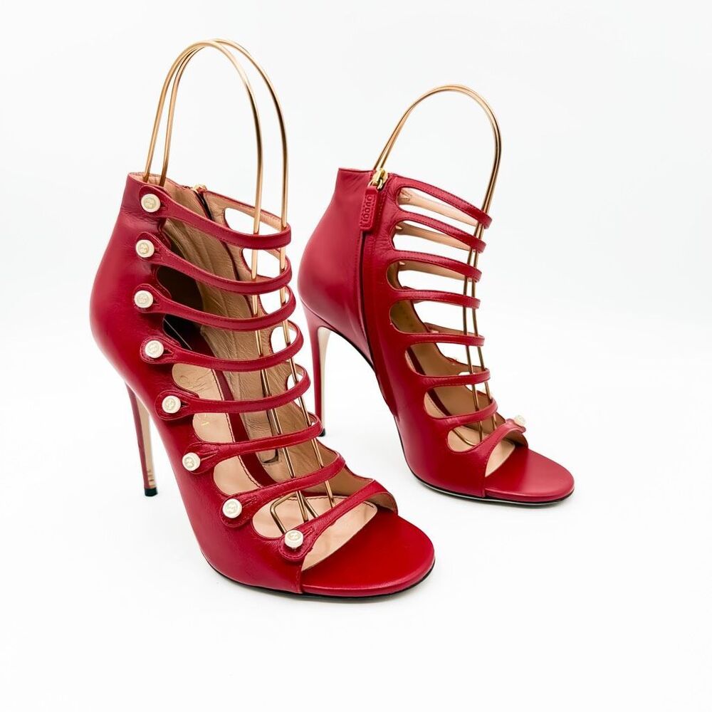 Gucci Aneta Red Heels Ladder Strap Peep Toe Booties EU 37 US 7
